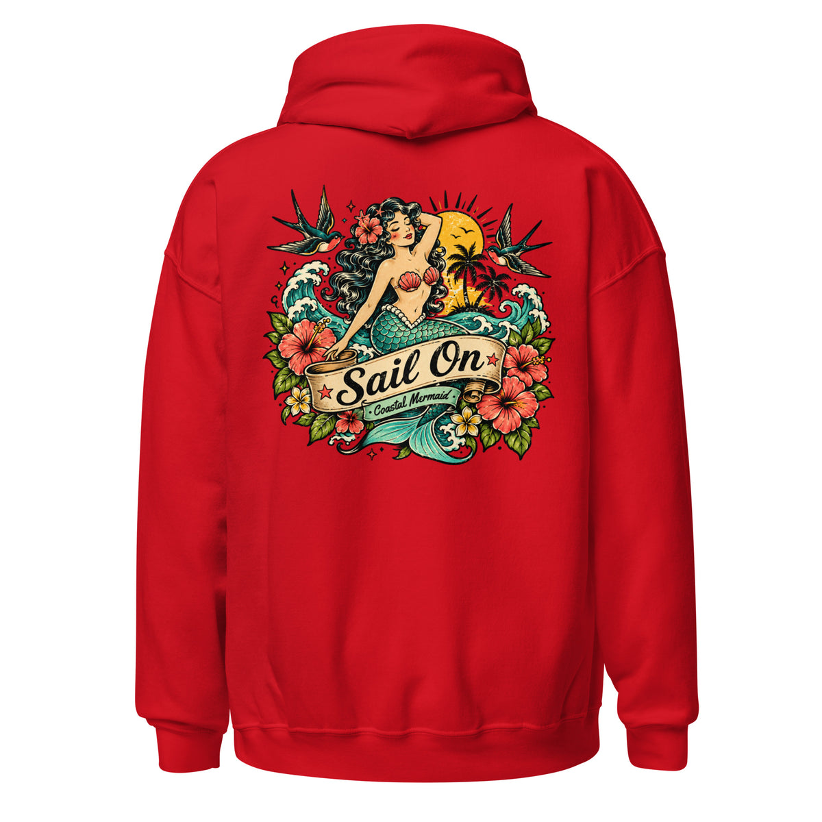 Coastal Mermaid Hoodie in Red, back view with full Sail On Coastal Mermaid back print