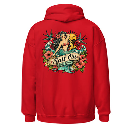 Coastal Mermaid Hoodie in Red, back view with full Sail On Coastal Mermaid back print