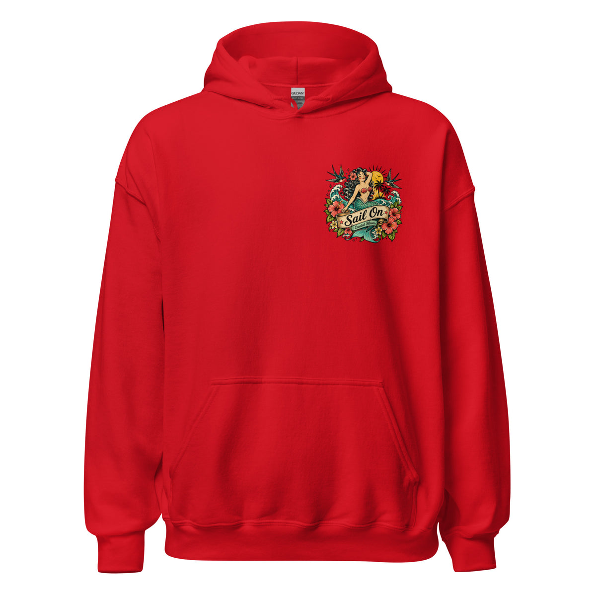 Coastal Mermaid Hoodie in Red, front view with Sail On left-chest logo