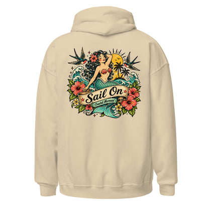 Coastal Mermaid Hoodie in Sand, back view with full Sail On Coastal Mermaid back print