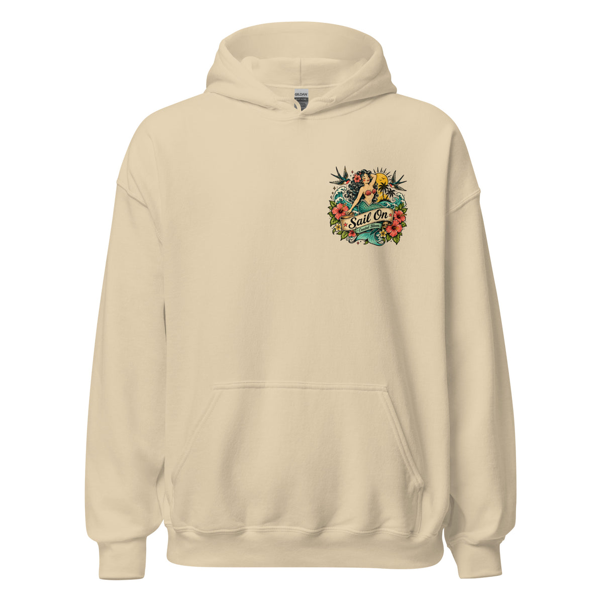 Coastal Mermaid Hoodie in Sand, front view with Sail On left-chest logo
