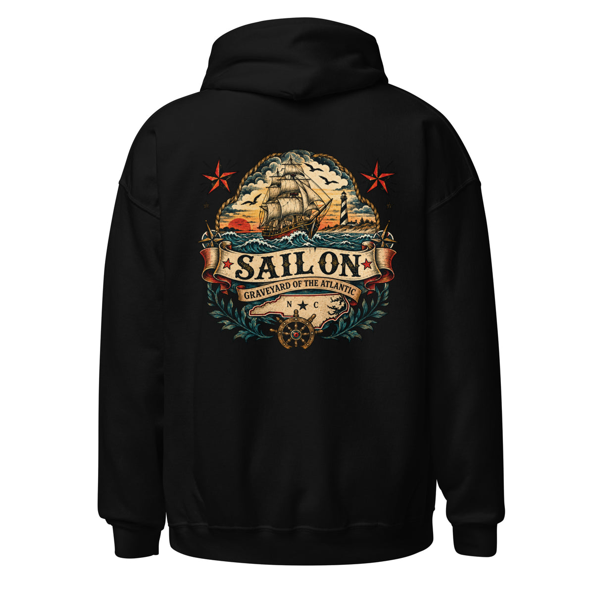 Graveyard of the Atlantic Hoodie in Black, back view with full Sail On Graveyard of the Atlantic back print