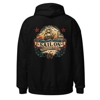 Graveyard of the Atlantic Hoodie in Black, back view with full Sail On Graveyard of the Atlantic back print