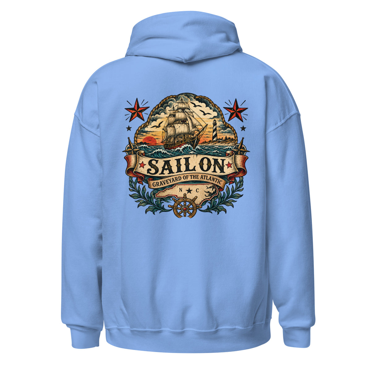 Graveyard of the Atlantic Hoodie in Carolina Blue, back view with full Sail On Graveyard of the Atlantic back print