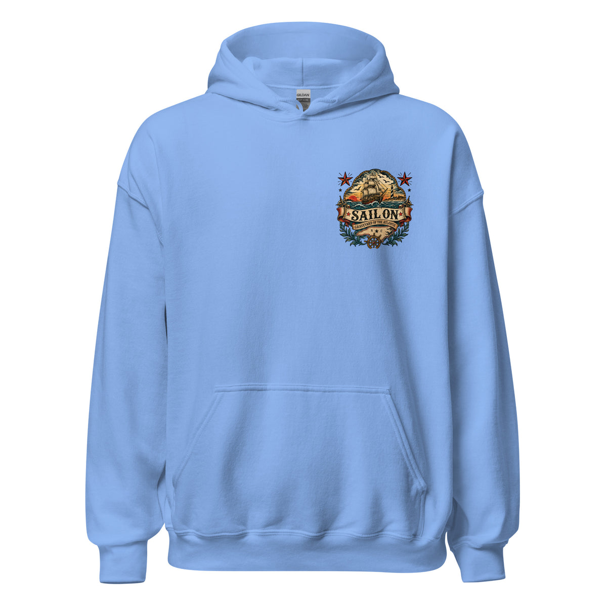 Graveyard of the Atlantic Hoodie in Carolina Blue, front view with Sail On left-chest logo