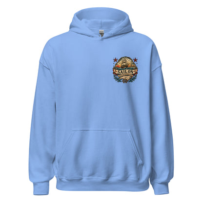 Graveyard of the Atlantic Hoodie in Carolina Blue, front view with Sail On left-chest logo