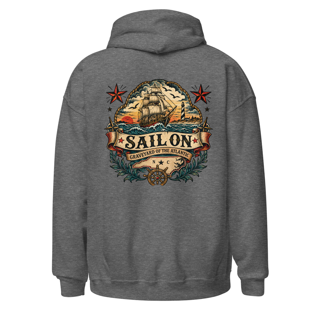 Graveyard of the Atlantic Hoodie in Graphite Heather, back view with full Sail On Graveyard of the Atlantic back print