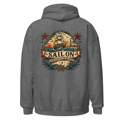 Graveyard of the Atlantic Hoodie in Graphite Heather, back view with full Sail On Graveyard of the Atlantic back print