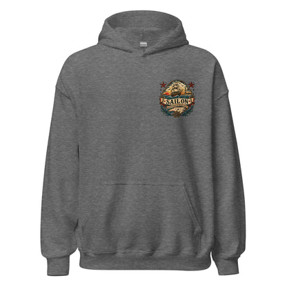 Graveyard of the Atlantic Hoodie in Graphite Heather, front view with Sail On left-chest logo