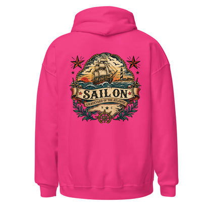 Graveyard of the Atlantic Hoodie in Heliconia, back view with full Sail On Graveyard of the Atlantic back print