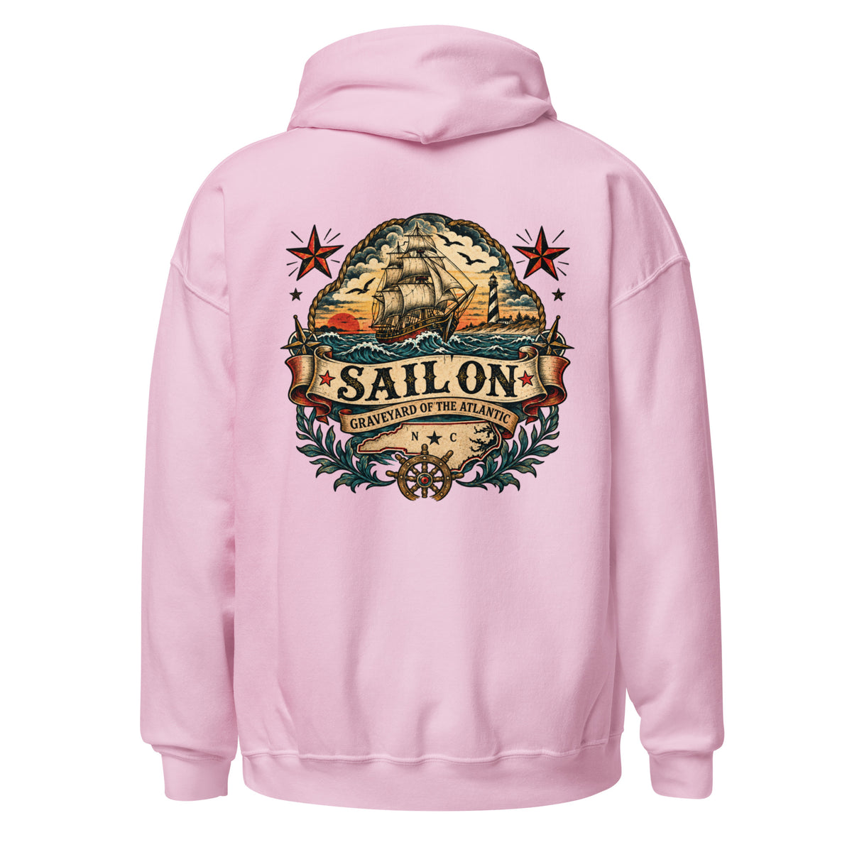 Graveyard of the Atlantic Hoodie in Light Pink, back view with full Sail On Graveyard of the Atlantic back print