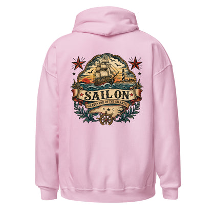 Graveyard of the Atlantic Hoodie in Light Pink, back view with full Sail On Graveyard of the Atlantic back print