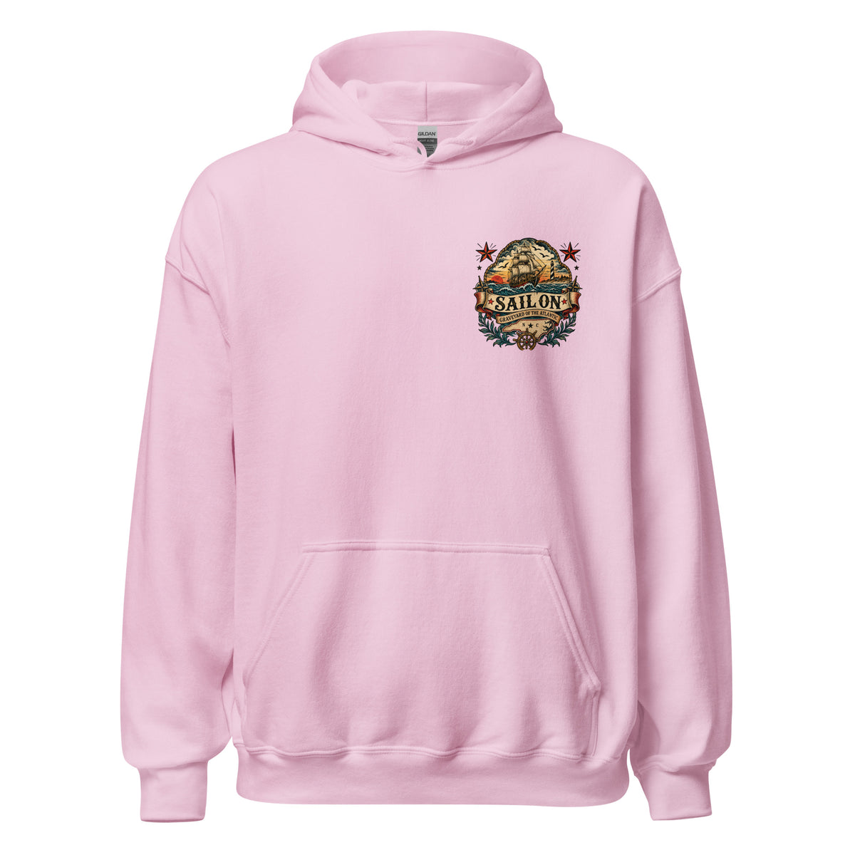 Graveyard of the Atlantic Hoodie in Light Pink, front view with Sail On left-chest logo