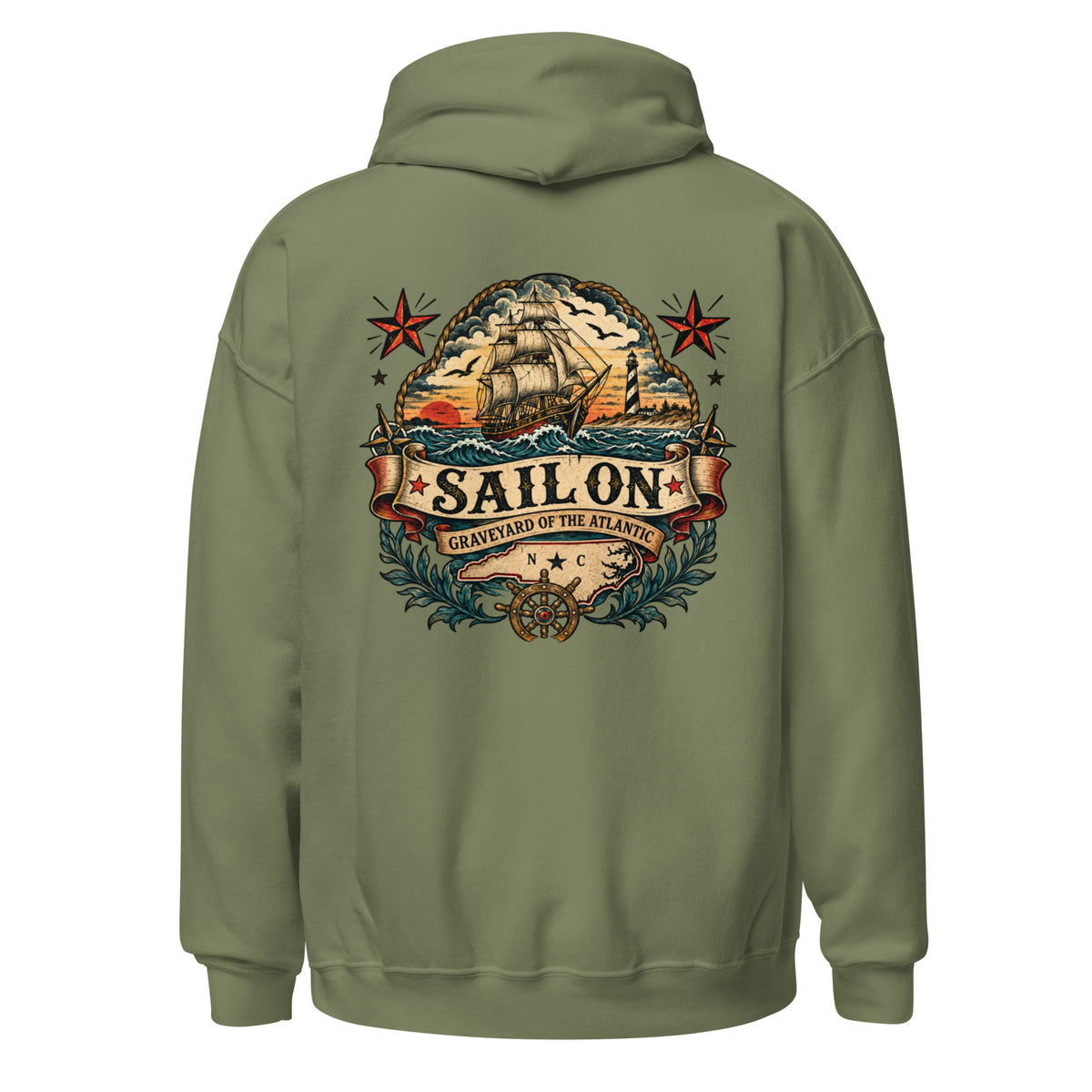 Graveyard of the Atlantic Hoodie in Military Green, back view with full Sail On Graveyard of the Atlantic back print