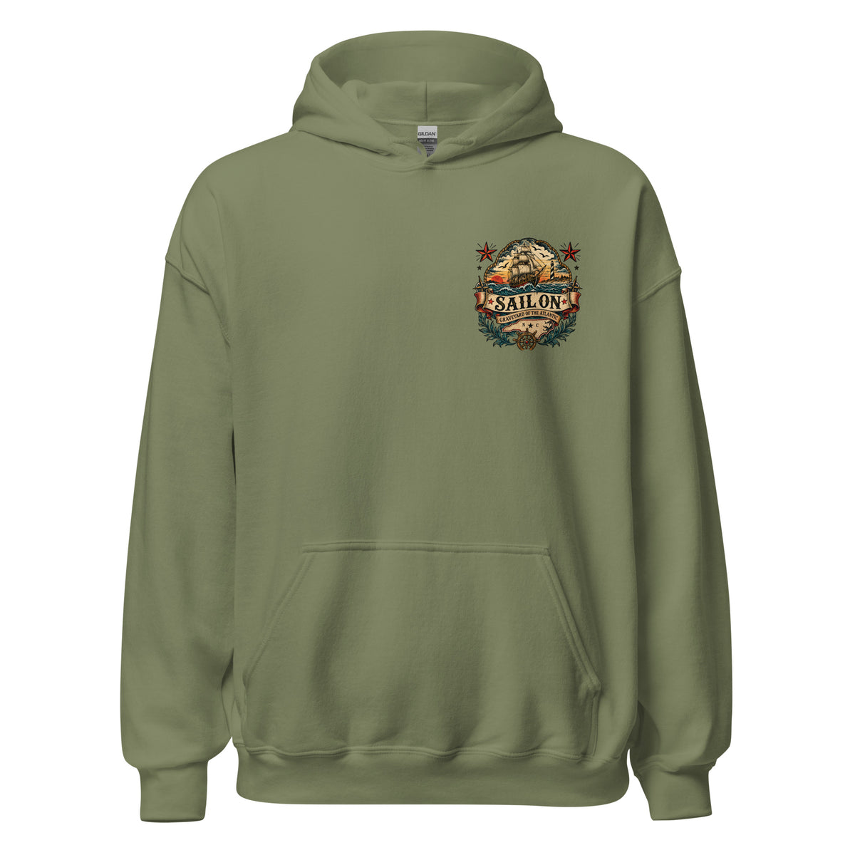 Graveyard of the Atlantic Hoodie in Military Green, front view with Sail On left-chest logo