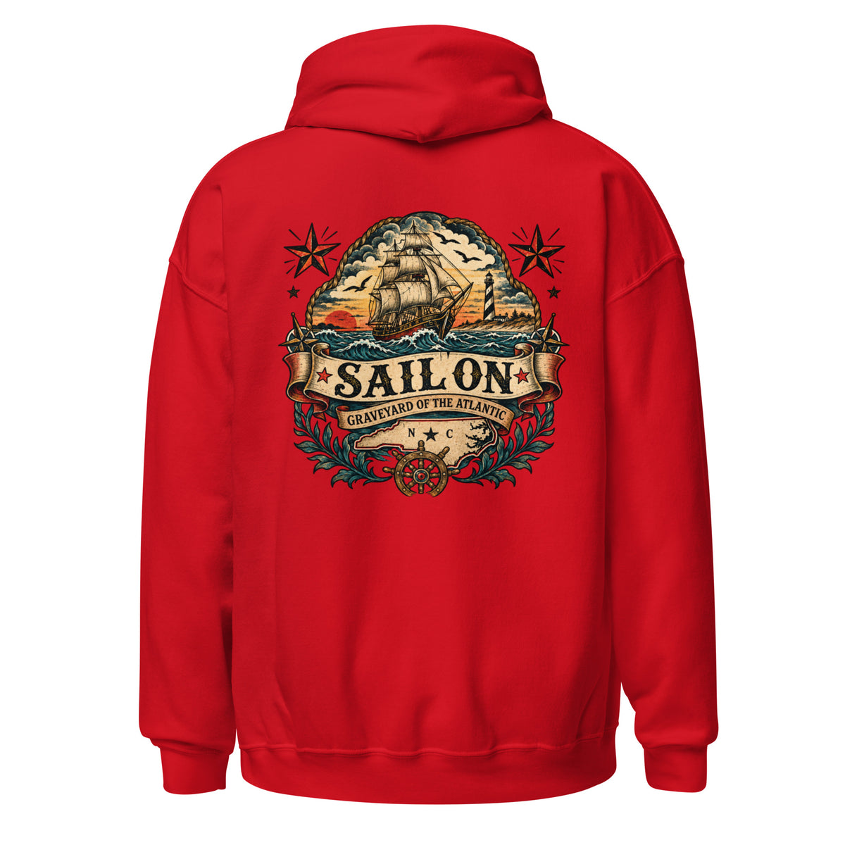 Graveyard of the Atlantic Hoodie in Red, back view with full Sail On Graveyard of the Atlantic back print