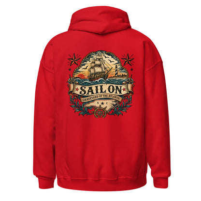 Graveyard of the Atlantic Hoodie in Red, back view with full Sail On Graveyard of the Atlantic back print