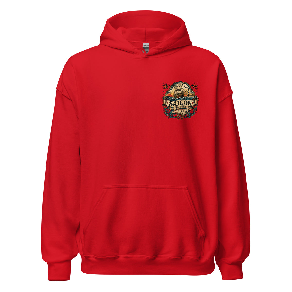 Graveyard of the Atlantic Hoodie in Red, front view with Sail On left-chest logo