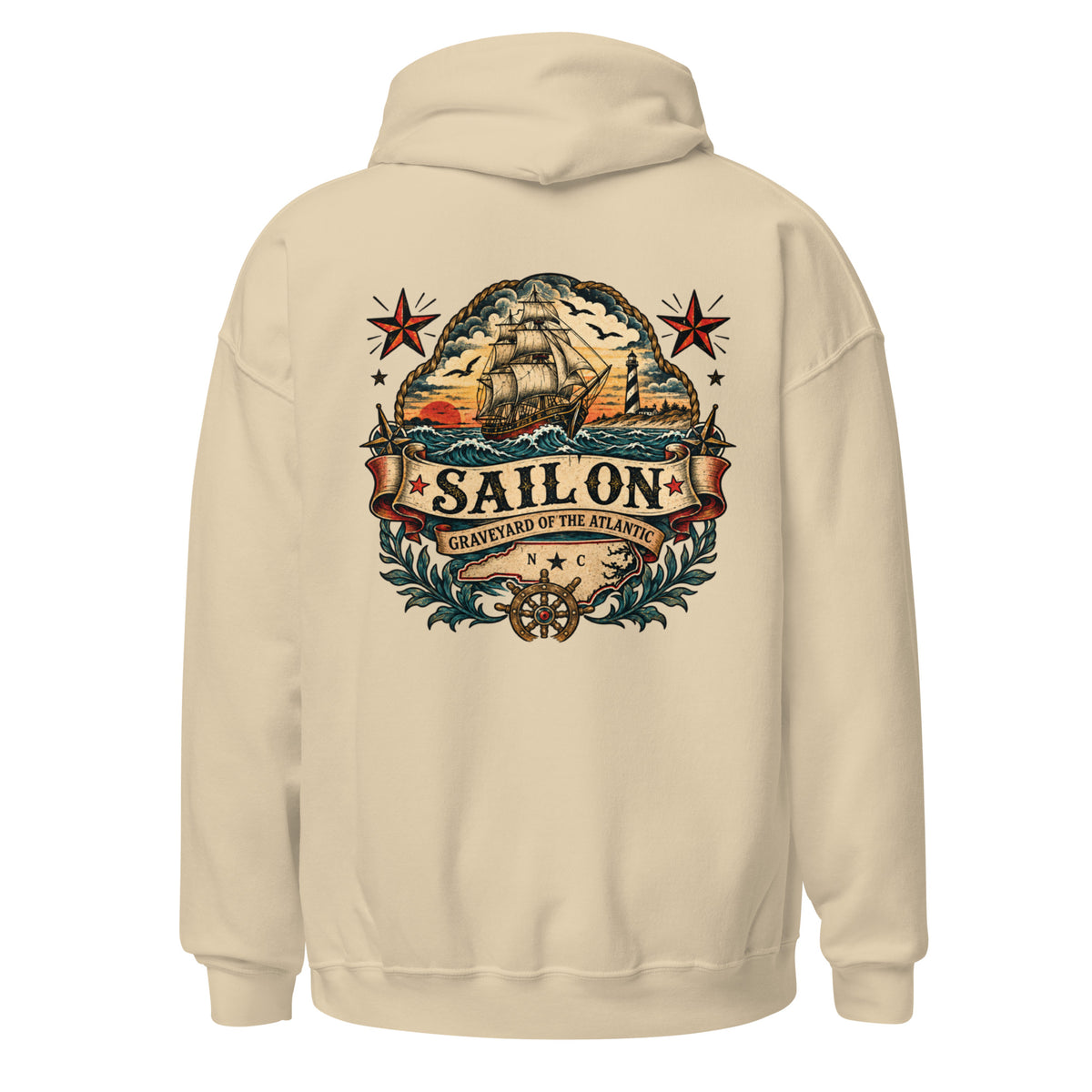 Graveyard of the Atlantic Hoodie in Sand, back view with full Sail On Graveyard of the Atlantic back print