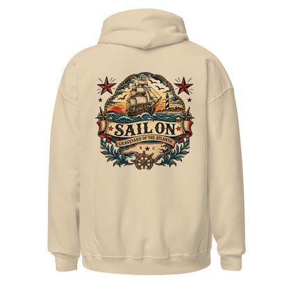 Graveyard of the Atlantic Hoodie in Sand, back view with full Sail On Graveyard of the Atlantic back print