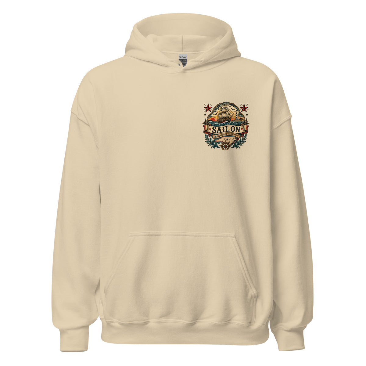 Graveyard of the Atlantic Hoodie in Sand, front view with Sail On left-chest logo