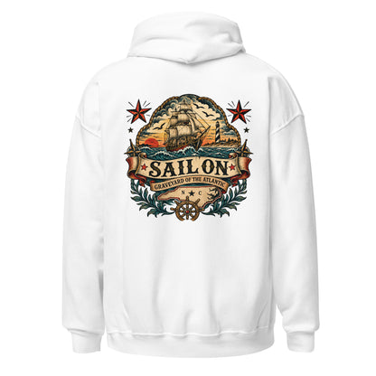 Graveyard of the Atlantic Hoodie in White, back view with full Sail On Graveyard of the Atlantic back print