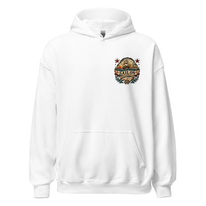 Graveyard of the Atlantic Hoodie in White, front view with Sail On left-chest logo