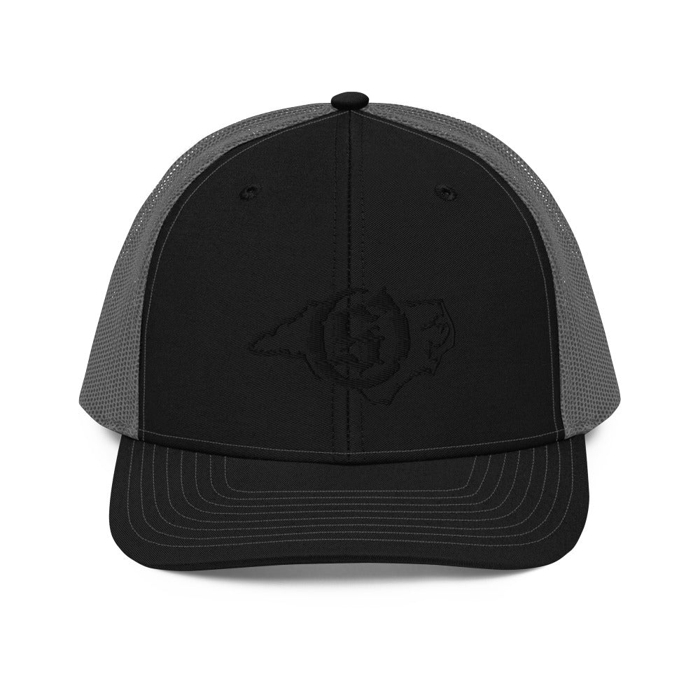 Sail On NC trucker hat in Black/Charcoal with black thread embroidered logo, front view