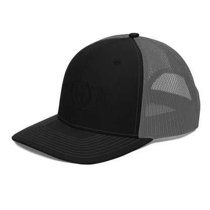 Sail On NC trucker hat in Black/Charcoal with black thread embroidered logo, angled view