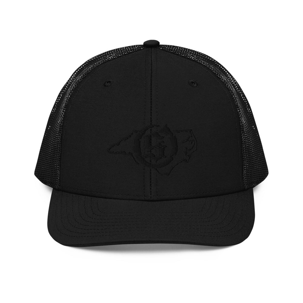 Sail On NC trucker hat in Black with black thread embroidered logo, front view