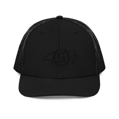 Sail On NC trucker hat in Black with black thread embroidered logo, front view