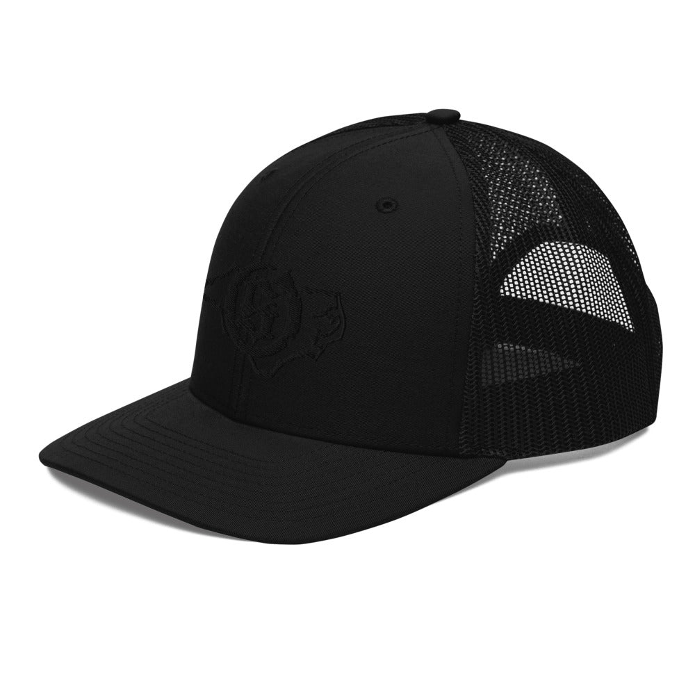 Sail On NC trucker hat in Black with black thread embroidered logo, angled view