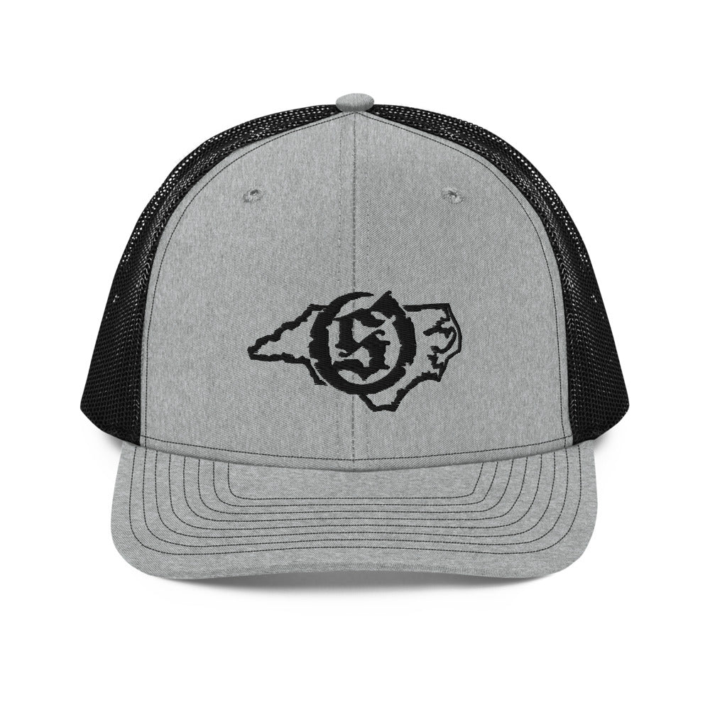 Sail On NC trucker hat in Heather Grey/Black with black thread embroidered logo, front view