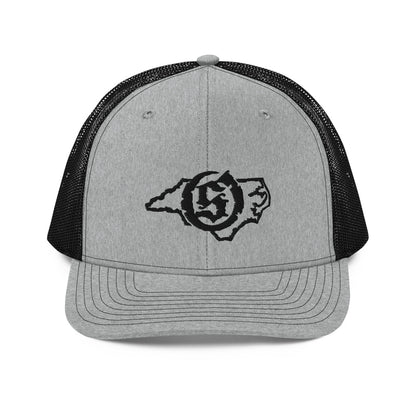 Sail On NC trucker hat in Heather Grey/Black with black thread embroidered logo, front view