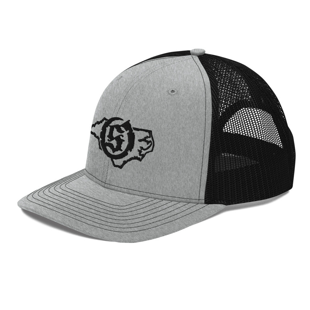 Sail On NC trucker hat in Heather Grey/Black with black thread embroidered logo, angled view