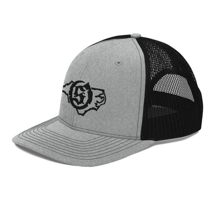 Sail On NC trucker hat in Heather Grey/Black with black thread embroidered logo, angled view