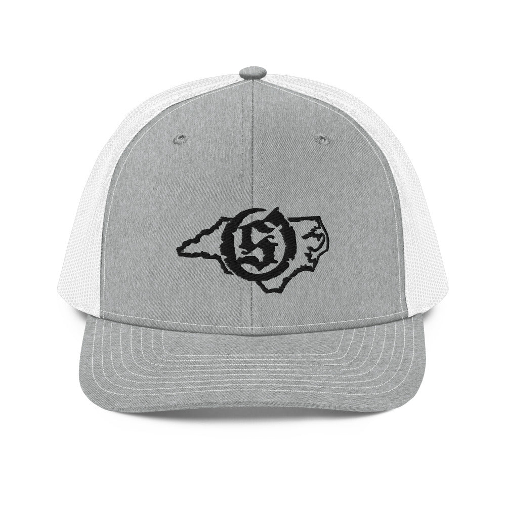 Sail On NC trucker hat in Heather Grey/White with black thread embroidered logo, front view
