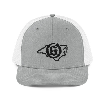 Sail On NC trucker hat in Heather Grey/White with black thread embroidered logo, front view