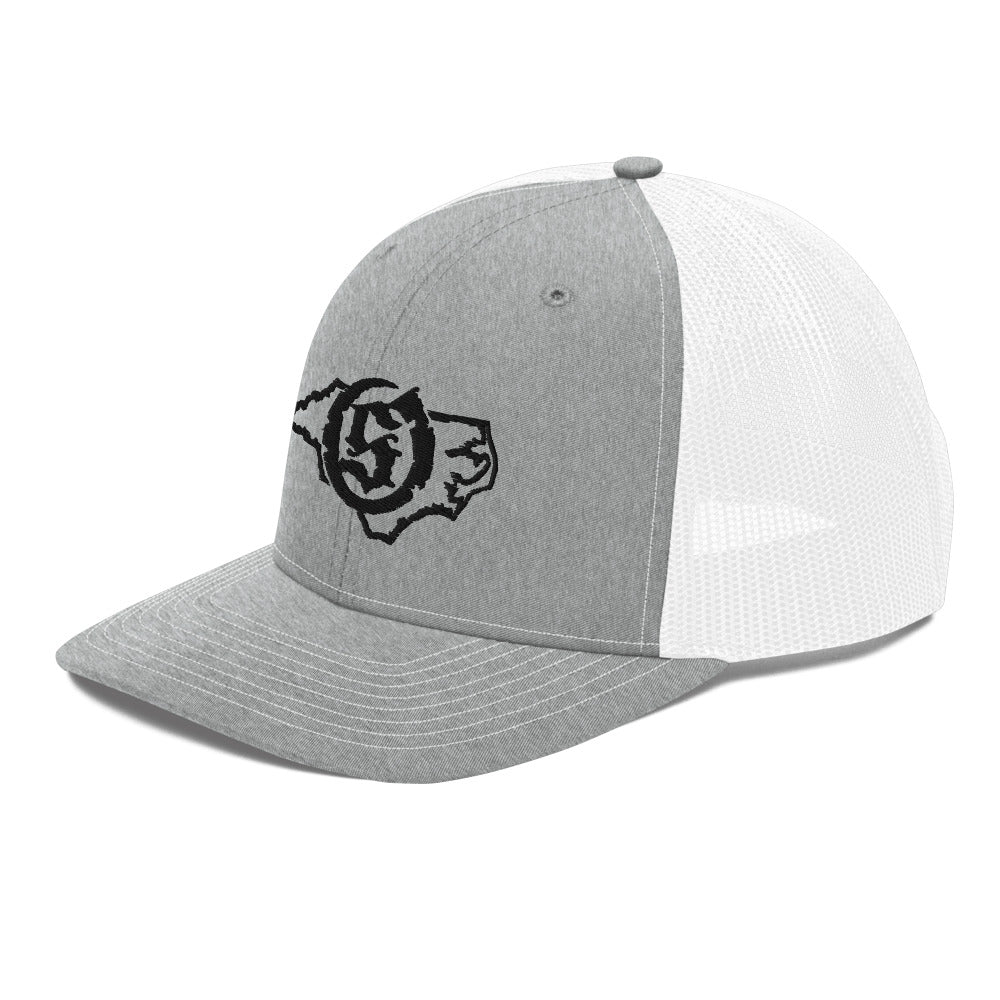 Sail On NC trucker hat in Heather Grey/White with black thread embroidered logo, angled view