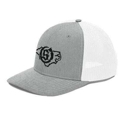 Sail On NC trucker hat in Heather Grey/White with black thread embroidered logo, angled view