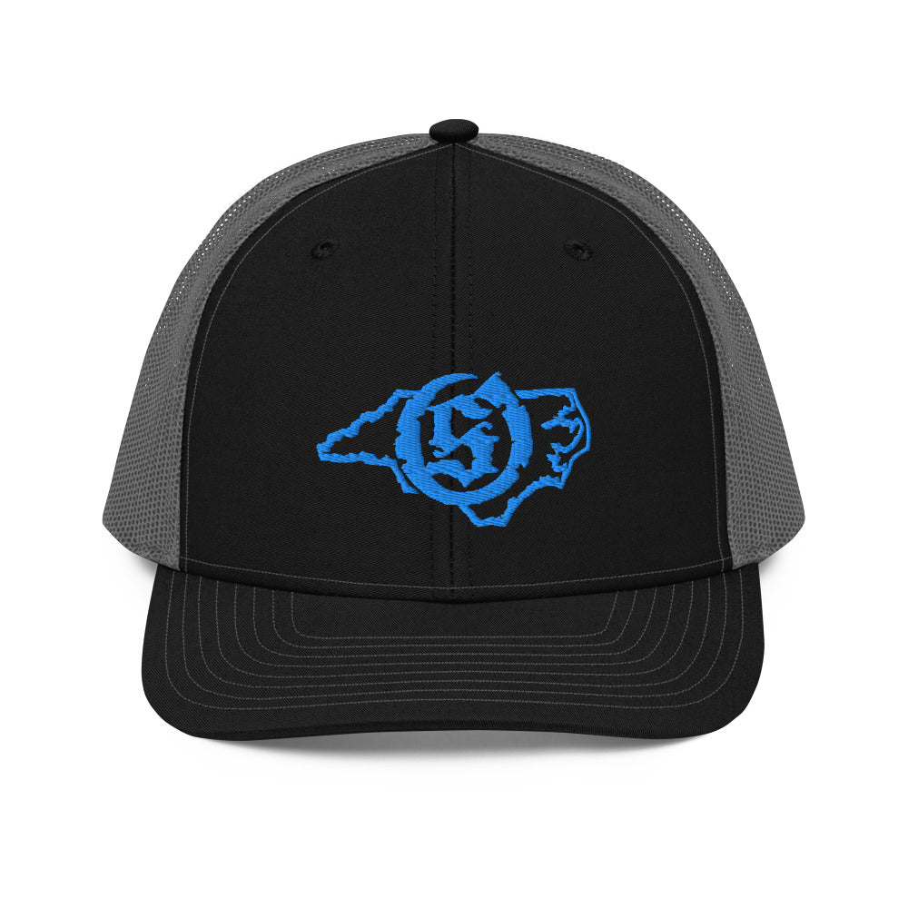 Sail On NC trucker hat in Black / Charcoal with blue thread embroidered logo, front view