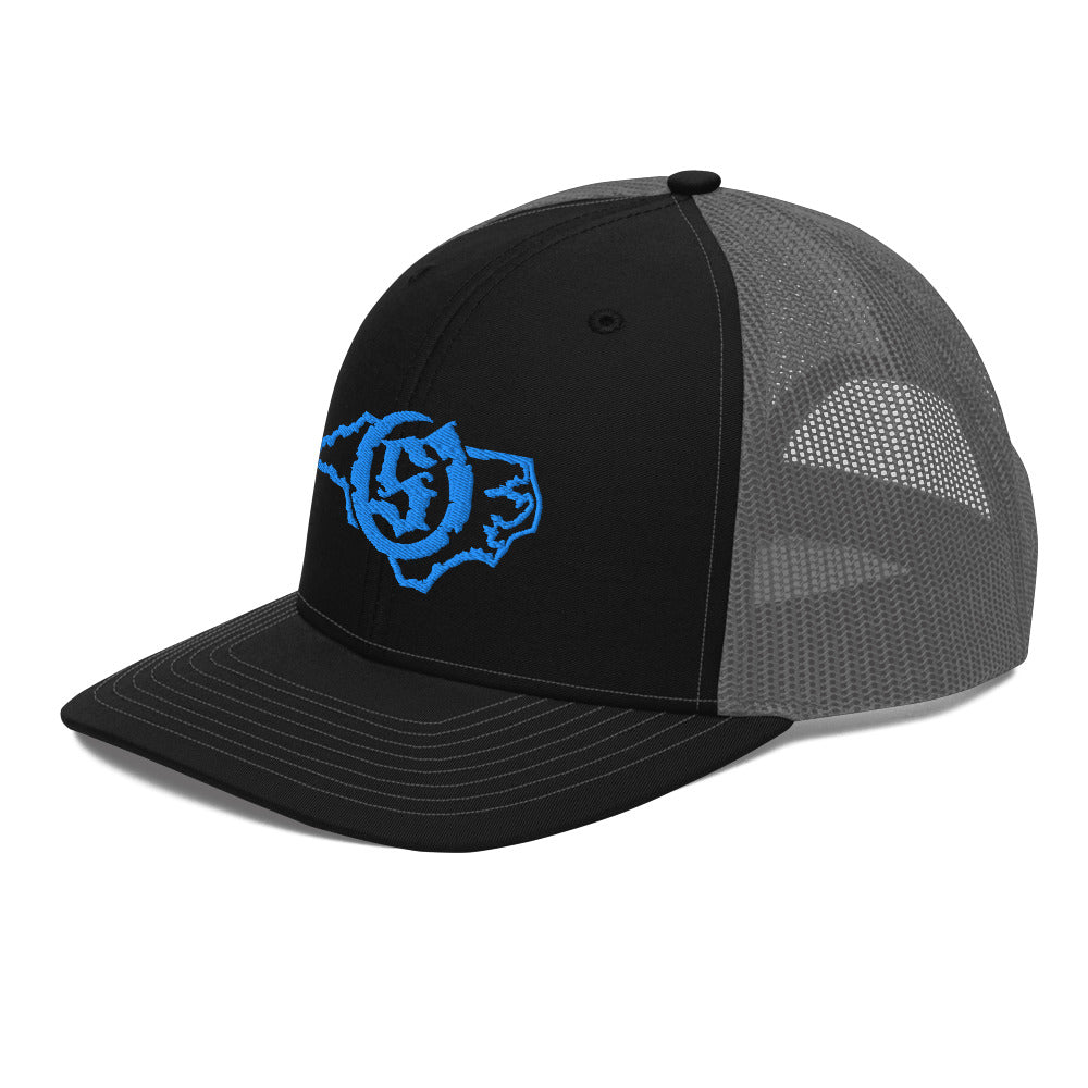 Sail On NC trucker hat in Black / Charcoal with blue thread embroidered logo, angled view