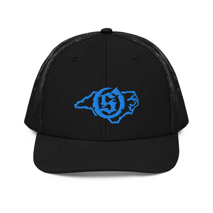 Sail On NC trucker hat in Black with blue thread embroidered logo, front view