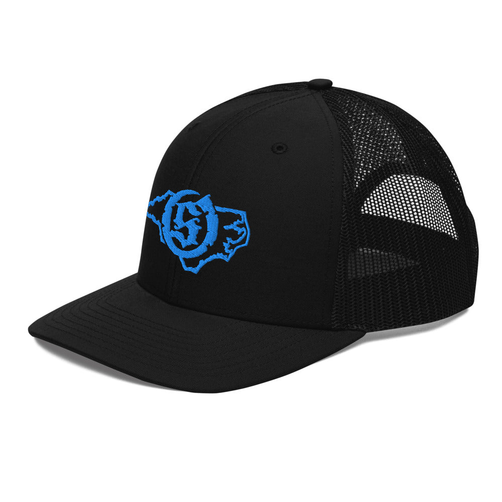 Sail On NC trucker hat in Black with blue thread embroidered logo, angled view