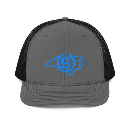 Sail On NC trucker hat in Charcoal/Black with blue thread embroidered logo, front view