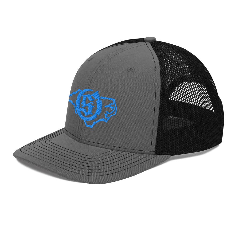 Sail On NC trucker hat in Charcoal/Black with blue thread embroidered logo, angled view