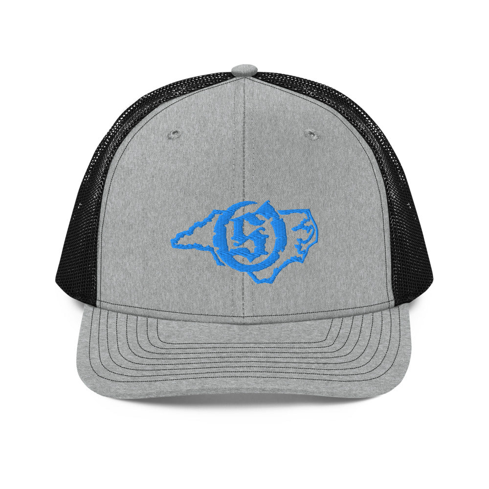 Sail On NC trucker hat in Heather Grey / Black with blue thread embroidered logo, front view