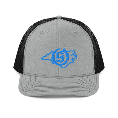 Sail On NC trucker hat in Heather Grey / Black with blue thread embroidered logo, front view