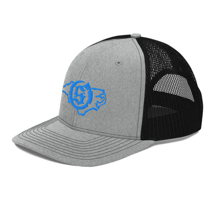 Sail On NC trucker hat in Heather Grey / Black with blue thread embroidered logo, angled view