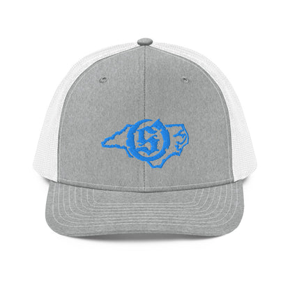Sail On NC trucker hat in Heather Grey/White with blue thread embroidered logo, front view